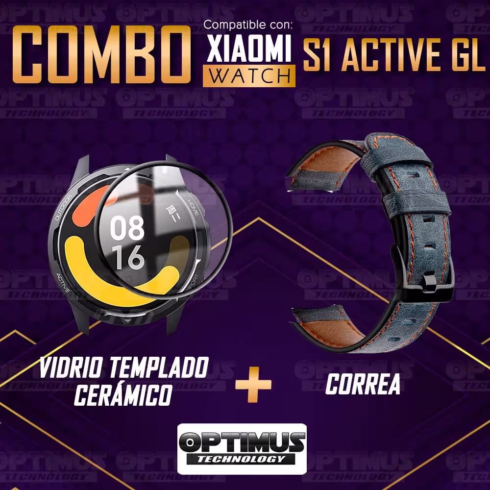 KIT Correa Manilla de cuero leather y Vidrio templado cerámico para Reloj Smartwatch Xiaomi Watch S1 Active GL