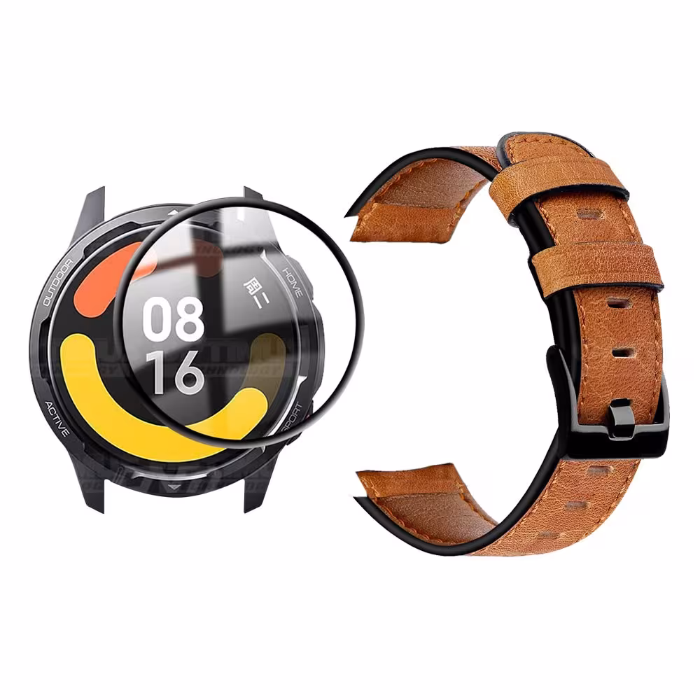 KIT Correa Manilla de cuero leather y Vidrio templado cerámico para Reloj Smartwatch Xiaomi Watch S1 Active GL
