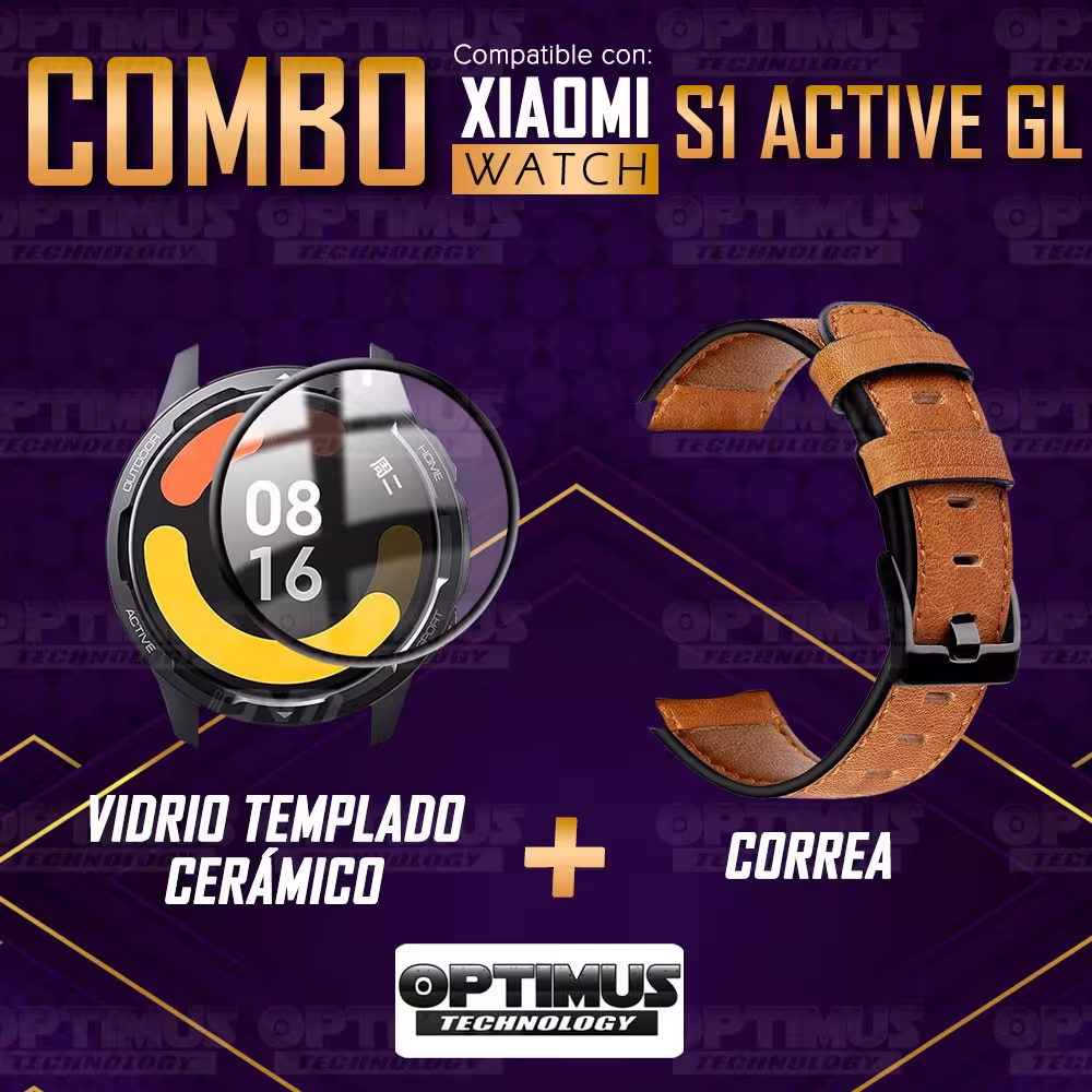 KIT Correa Manilla de cuero leather y Vidrio templado cerámico para Reloj Smartwatch Xiaomi Watch S1 Active GL