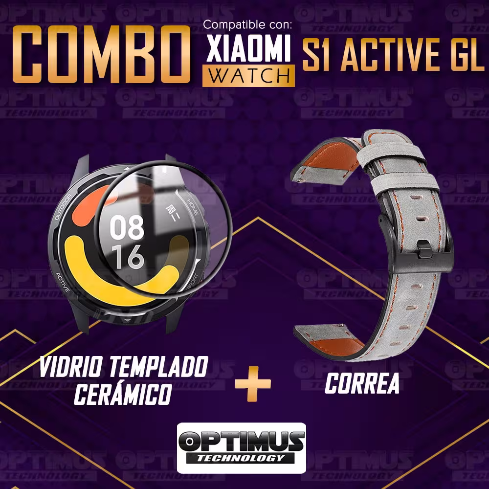 KIT Correa Manilla de cuero leather y Vidrio templado cerámico para Reloj Smartwatch Xiaomi Watch S1 Active GL