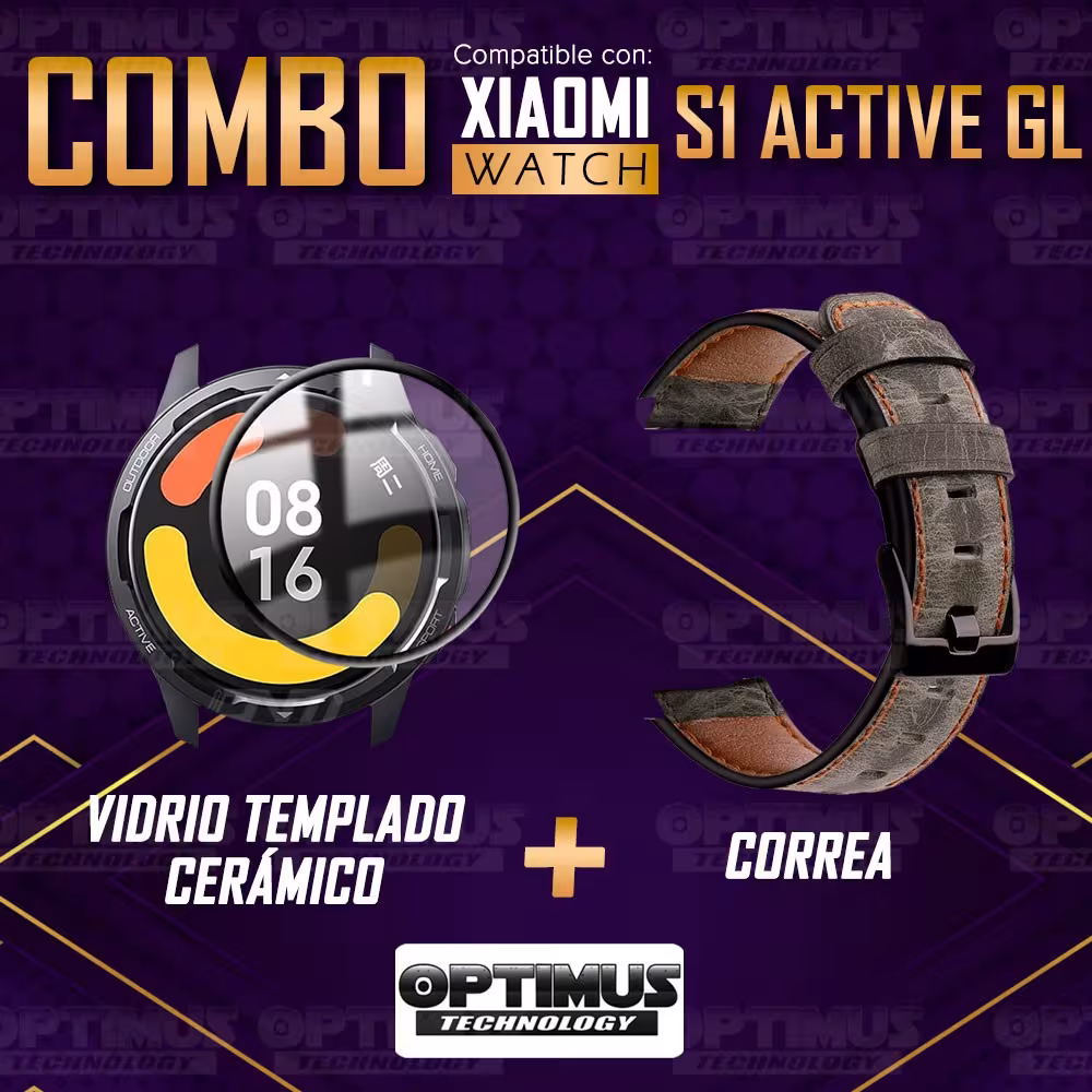 KIT Correa Manilla de cuero leather y Vidrio templado cerámico para Reloj Smartwatch Xiaomi Watch S1 Active GL
