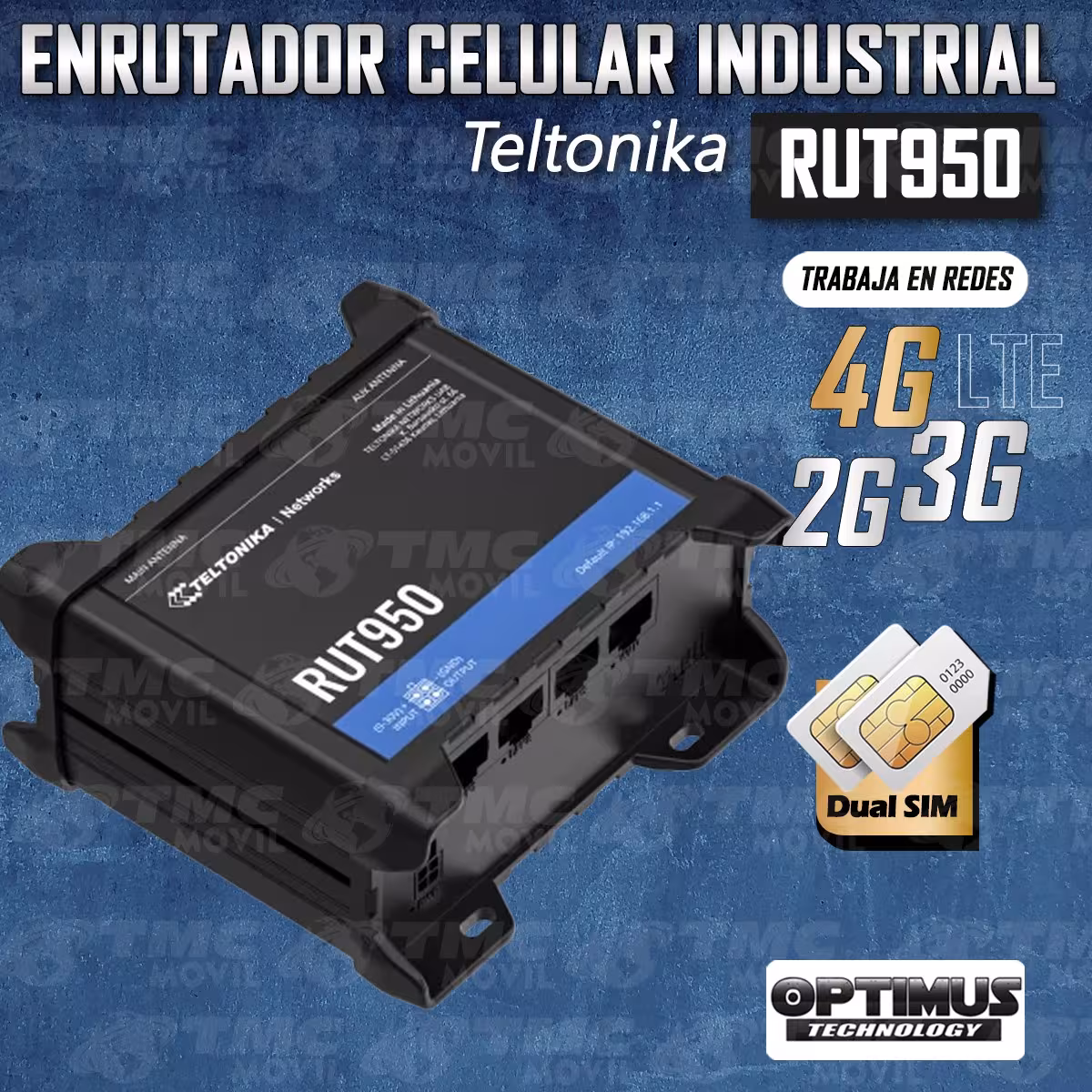 Rourter 4G LTE Dual Simcard Teltonika RUT950 Profesional con 4 Puertos Ethernet (Full Bandas LATAM: B1/B2/B3/B4/B5/B7/B8/B28)