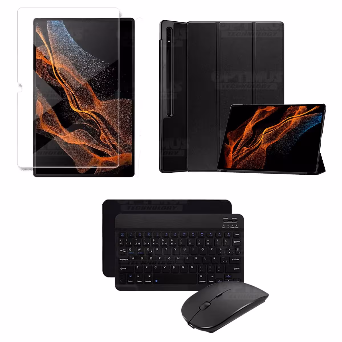 Kit Vidrio templado + Case Protector + Teclado y Mouse Bluetooth para Tablet Samsung Galaxy Tab S8 Ultra 14.6 Pulgadas