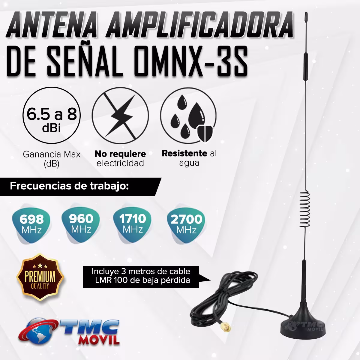 Antena Amplificadora de señal Omnidireccional OMNX-3S 6.5 a 8 dBi 698 - 2700 MHz + 3 metros de cable LMR100