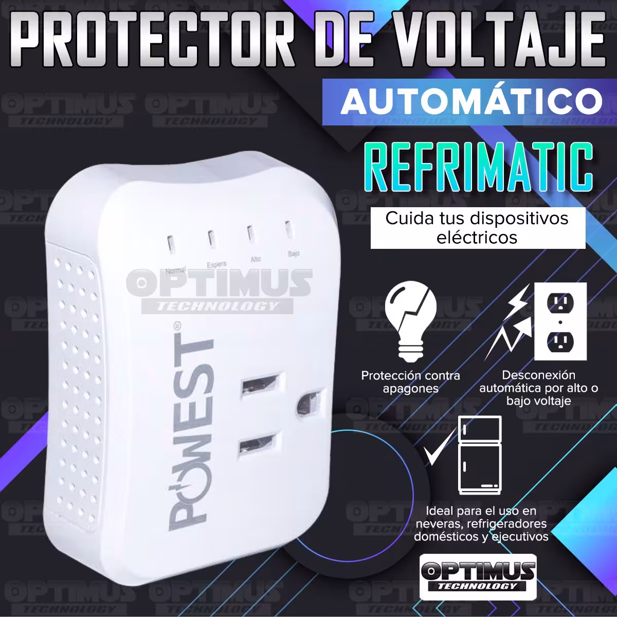 Protector regulador de voltaje automático Powest Refrimatic 120V - 10A Protección contra apagones para neveras refrigeradores