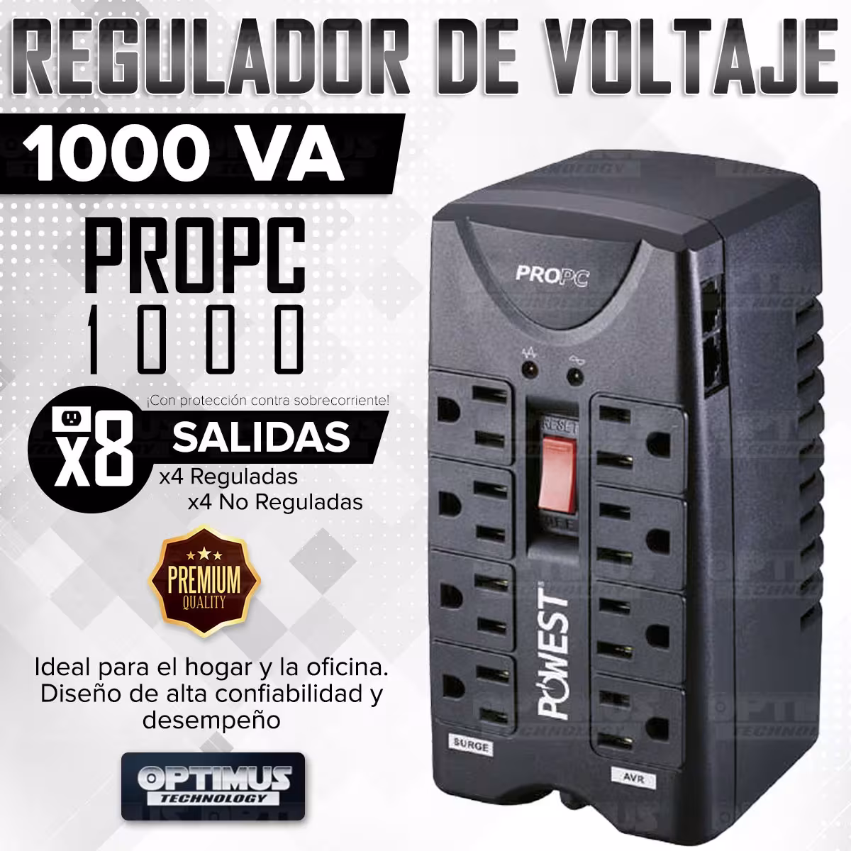 Regulador de voltaje Multitoma Powest PROPC 1000 VA 8 Salidas protección cortocircuito sobrecarga con Switch Supresor de picos
