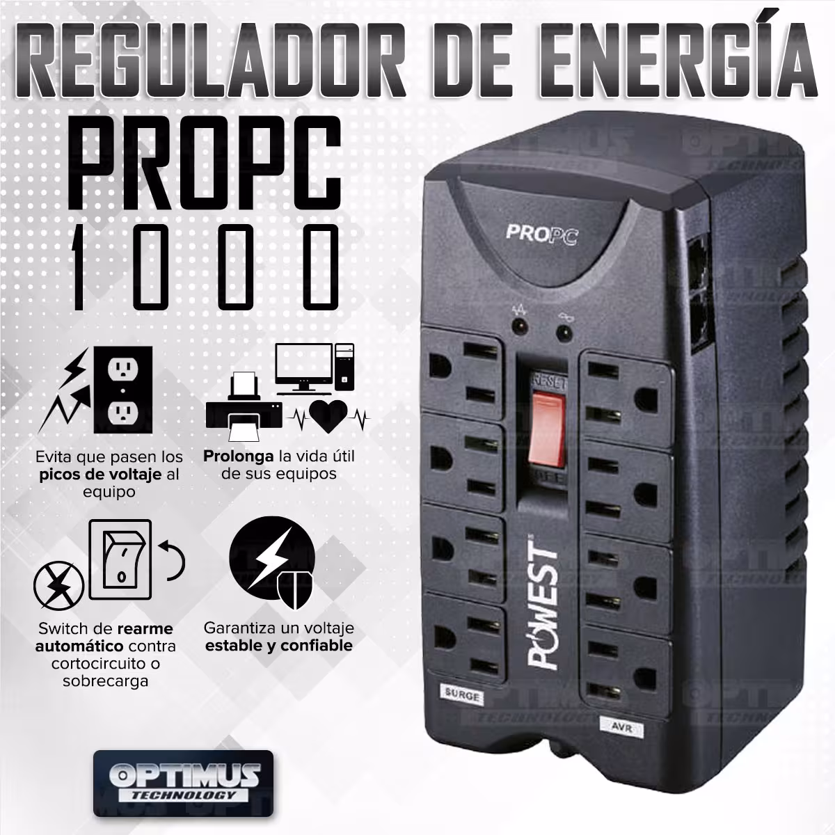 Regulador de voltaje Multitoma Powest PROPC 1000 VA 8 Salidas protección cortocircuito sobrecarga con Switch Supresor de picos