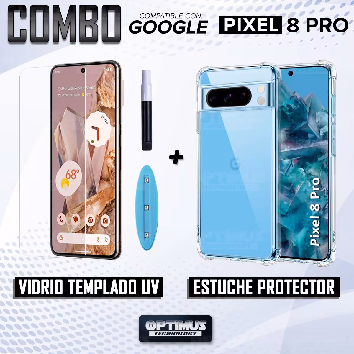 Kit Vidrio UV templado liquido y Estuche Case Forro Protector para Celular Google Pixel 8 Pro 5G 2023 6,7 pulgadas