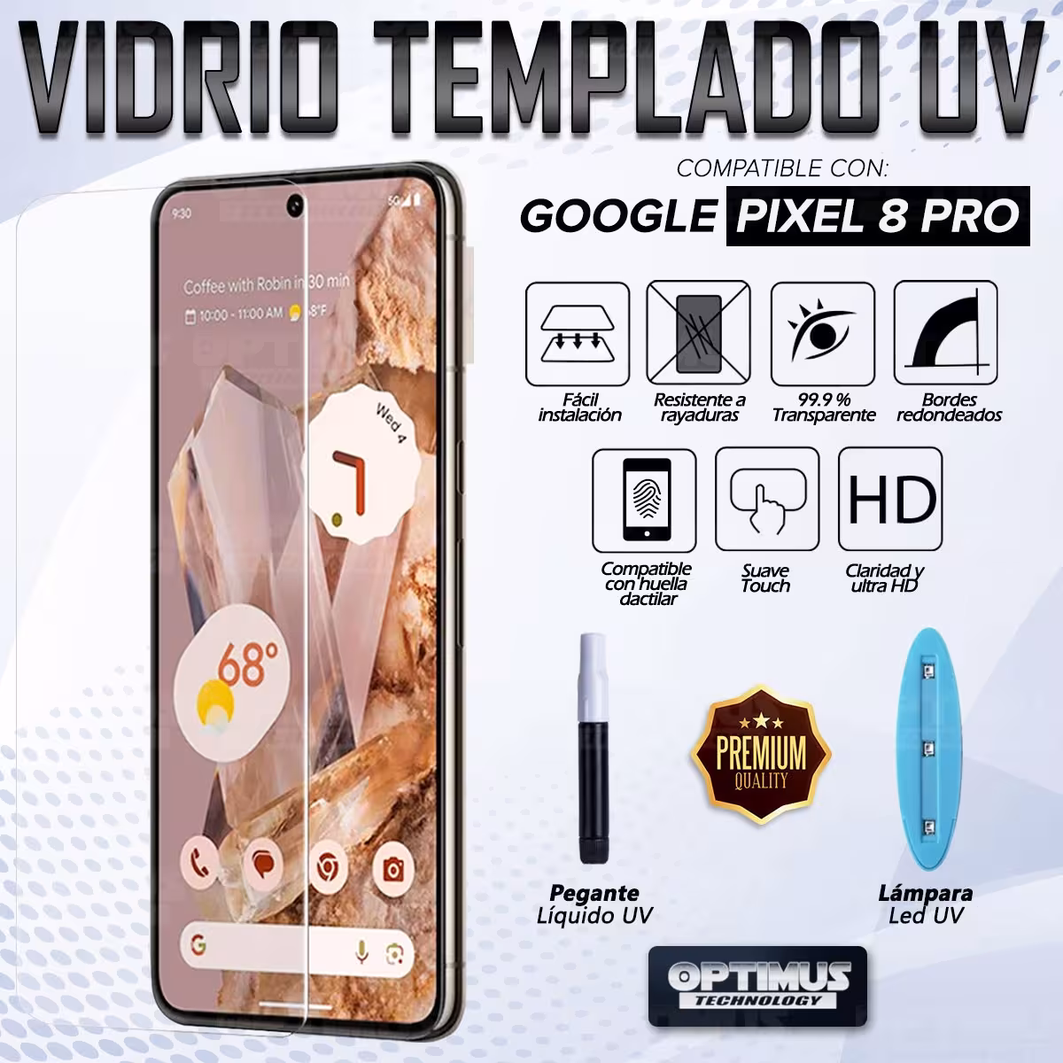 Kit Vidrio UV templado liquido y Estuche Case Forro Protector para Celular Google Pixel 8 Pro 5G 2023 6,7 pulgadas