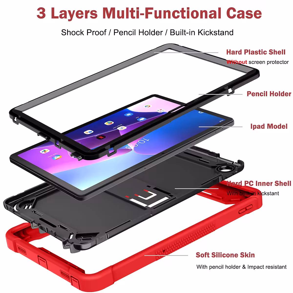 Estuche con Correa para Tablet Lenovo Tab M10 3era Gen 10.6 Pulgadas 2022 TB-125FU / TB-128F Anti golpes soporte Estilo 2 Rojo