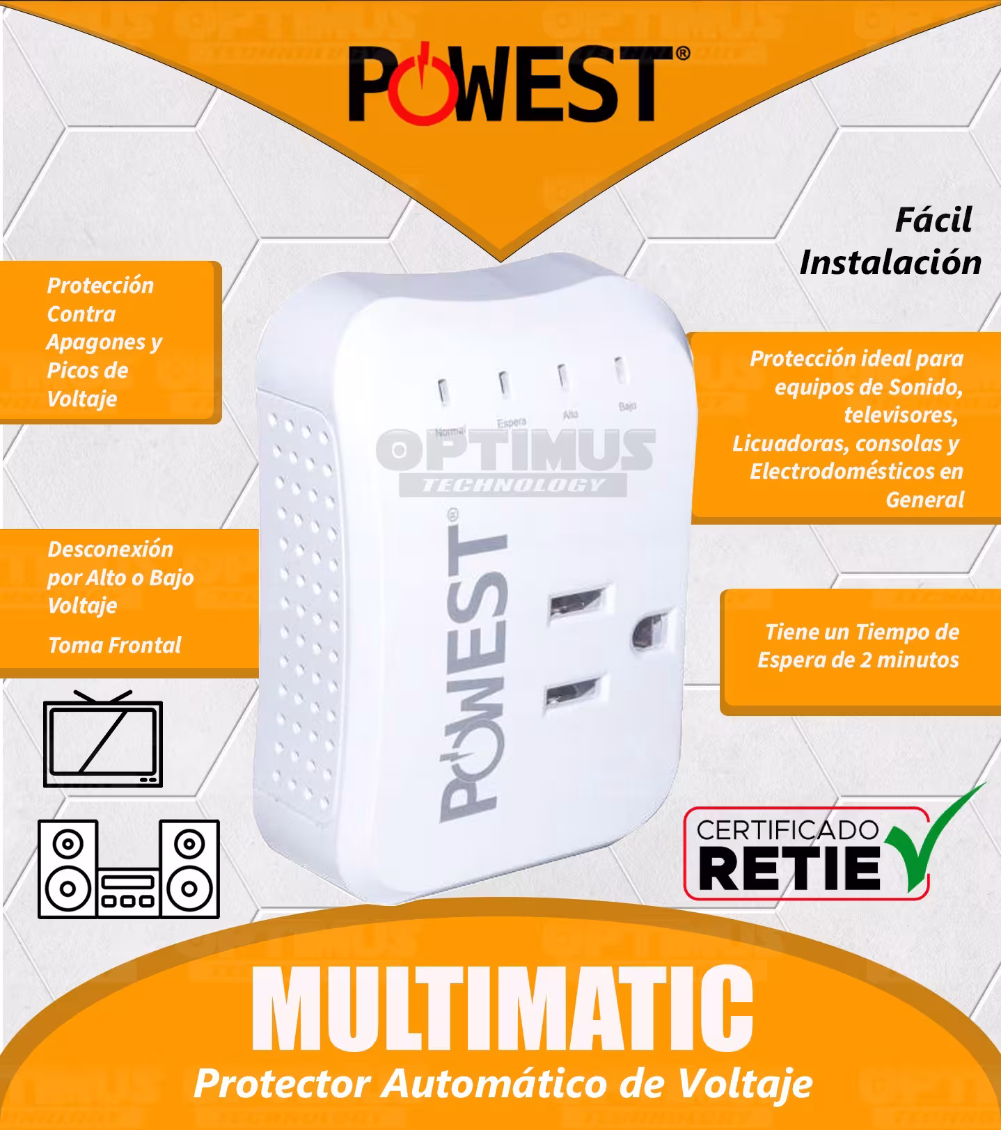Protector de voltaje automático powest Multimatic contra apagones y picos de energía para todo electrodoméstico 120V 10 AMP
