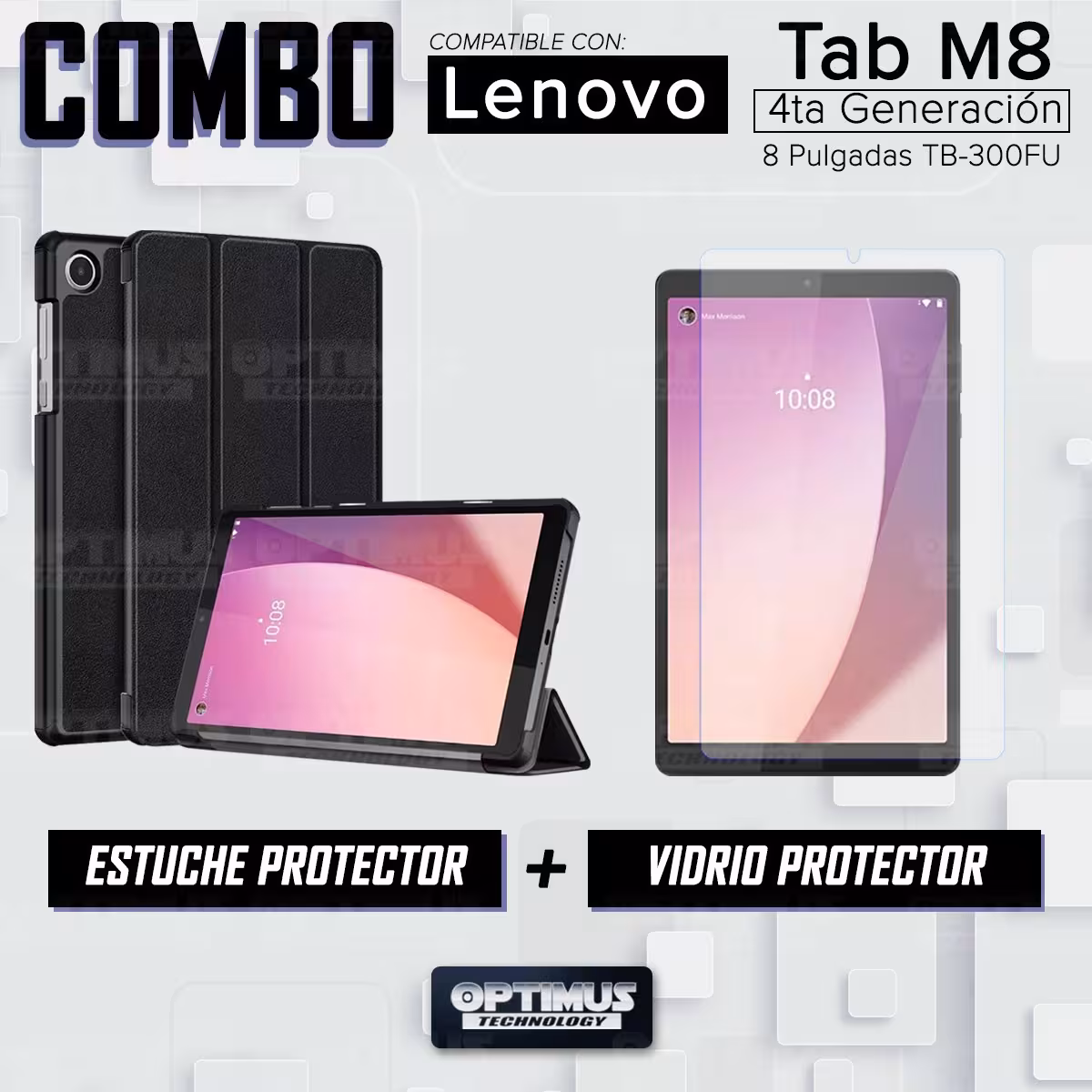 Kit Vidrio Cristal Templado Y Estuche Case Protector para Tablet Lenovo Tab M8 4ta Gen TB-300FU / TB-300XU 8 Pulgadas 2023