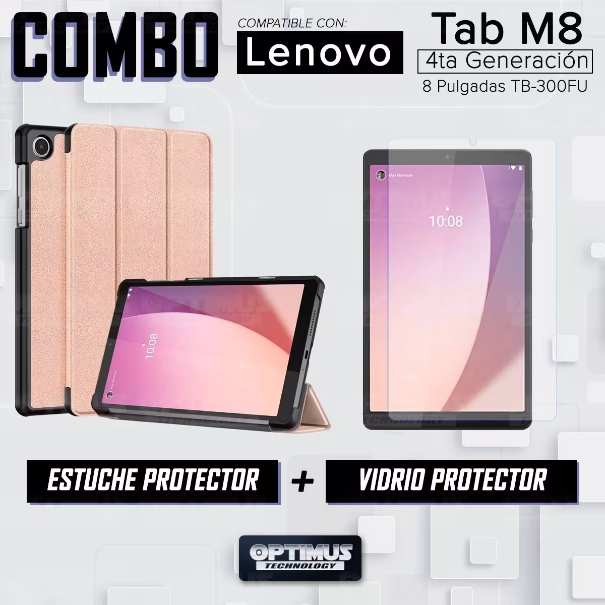 Kit Vidrio Cristal Templado Y Estuche Case Protector para Tablet Lenovo Tab M8 4ta Gen TB-300FU / TB-300XU 8 Pulgadas 2023