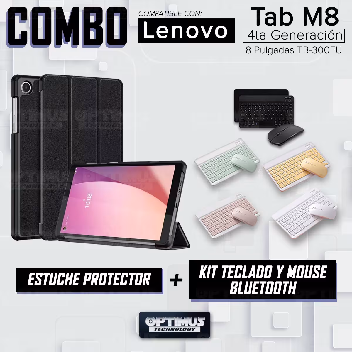 Kit Case Forro Protector + Teclado y Mouse Ratón Bluetooth para Tablet Lenovo Tab M8 4ta Generación TB-300FU 8 Pulgadas 2023