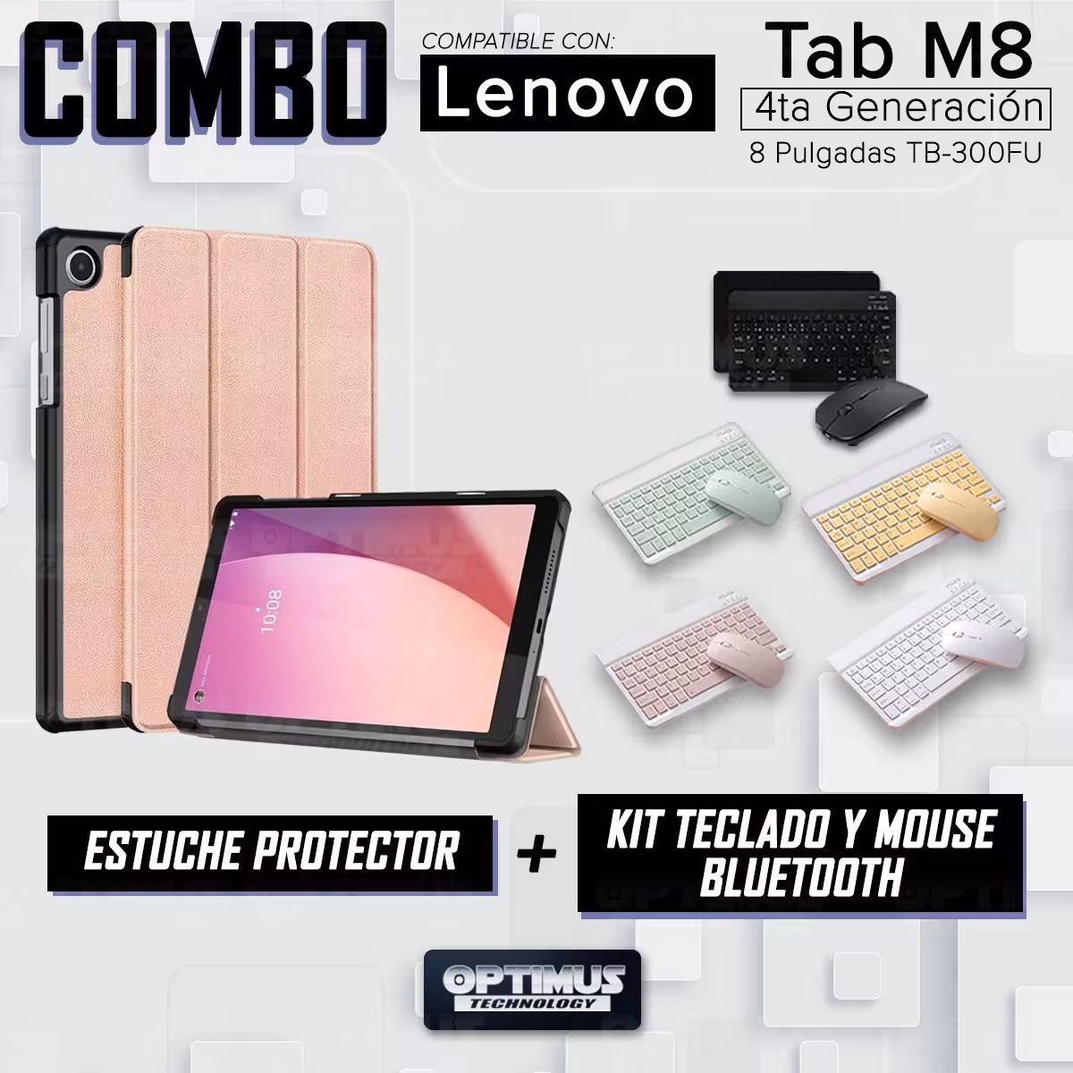 Kit Case Forro Protector + Teclado y Mouse Ratón Bluetooth para Tablet Lenovo Tab M8 4ta Generación TB-300FU 8 Pulgadas 2023