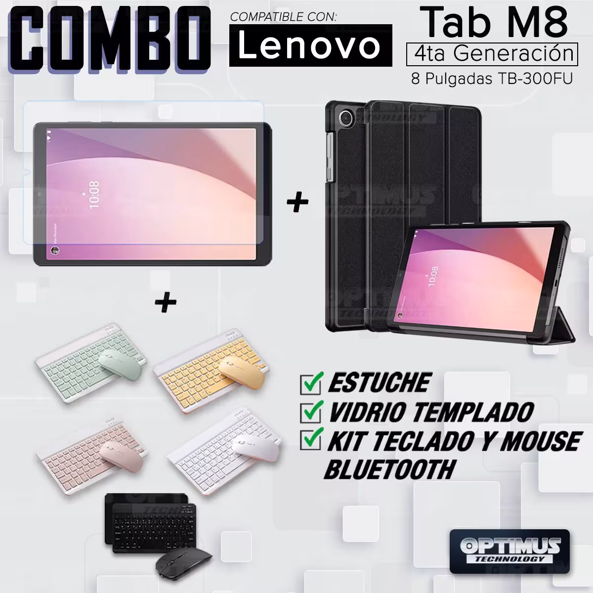Kit Vidrio templado + Case Protector + Teclado y Mouse Bluetooth Tablet Lenovo Tab M8 4ta Generación TB-300FU 8 Pulgadas 2023