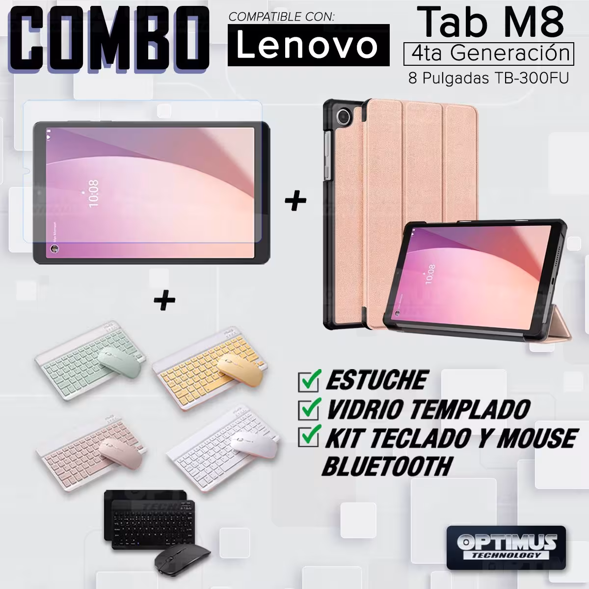 Kit Vidrio templado + Case Protector + Teclado y Mouse Bluetooth Tablet Lenovo Tab M8 4ta Generación TB-300FU 8 Pulgadas 2023