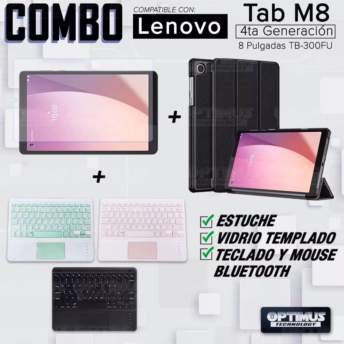 Kit Vidrio templado + Case Protector + Teclado Touchpad Bluetooth Tablet Lenovo Tab M8 4ta Generación TB-300FU 8 Pulgadas 2023