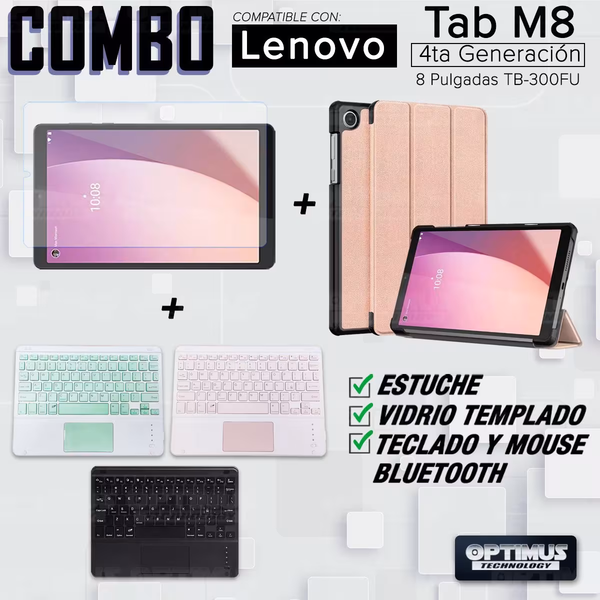 Kit Vidrio templado + Case Protector + Teclado Touchpad Bluetooth Tablet Lenovo Tab M8 4ta Generación TB-300FU 8 Pulgadas 2023
