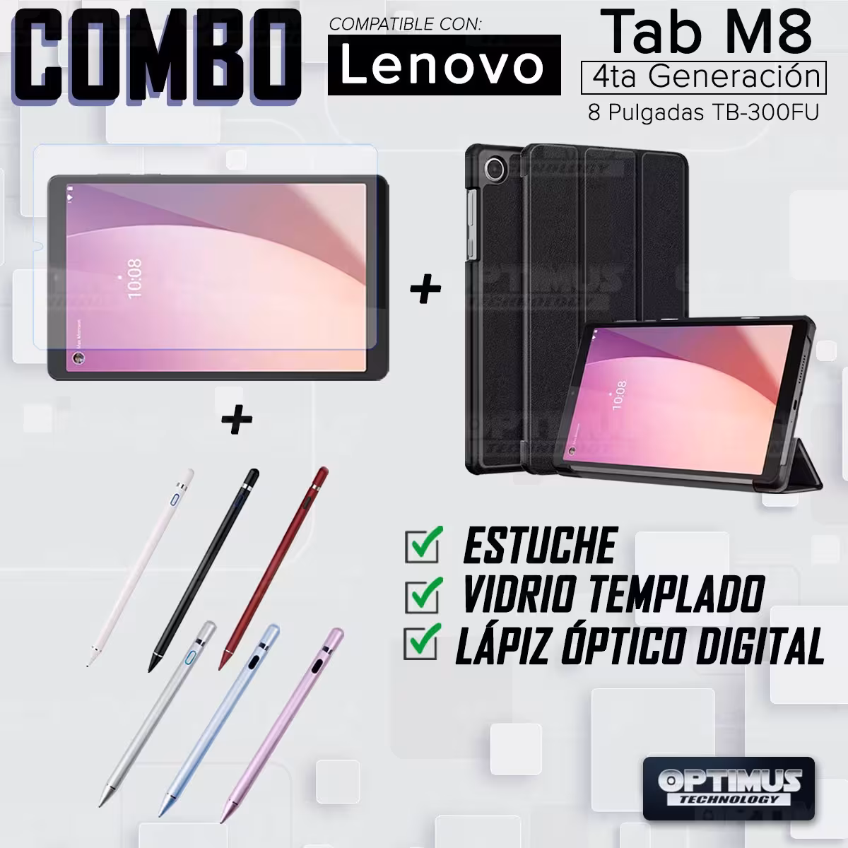 Kit Vidrio templado + Case Protector + Lápiz Digital Tablet Lenovo Tab M8 4ta Generación TB-300FU / TB-300XU 8 Pulgadas 2023