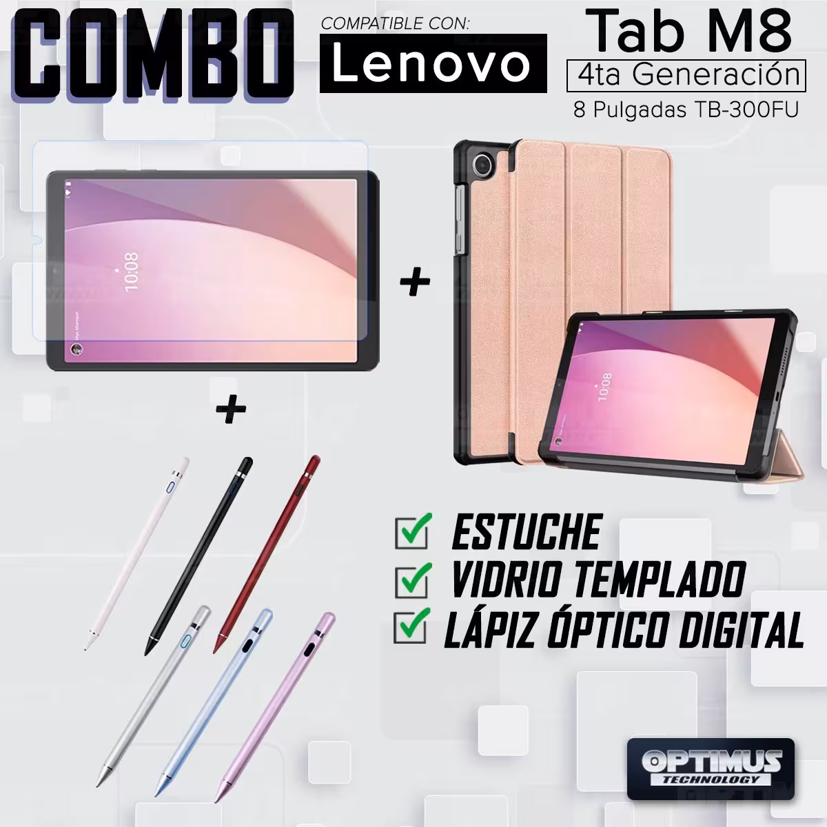 Kit Vidrio templado + Case Protector + Lápiz Digital Tablet Lenovo Tab M8 4ta Generación TB-300FU / TB-300XU 8 Pulgadas 2023