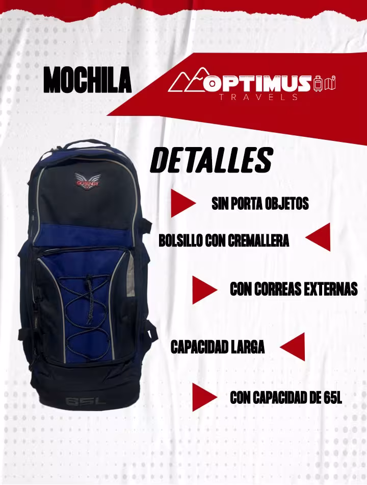 Maleta mochila morral unisex OPTIMUS Travels para camping viajes de senderismo y turismo de 65L