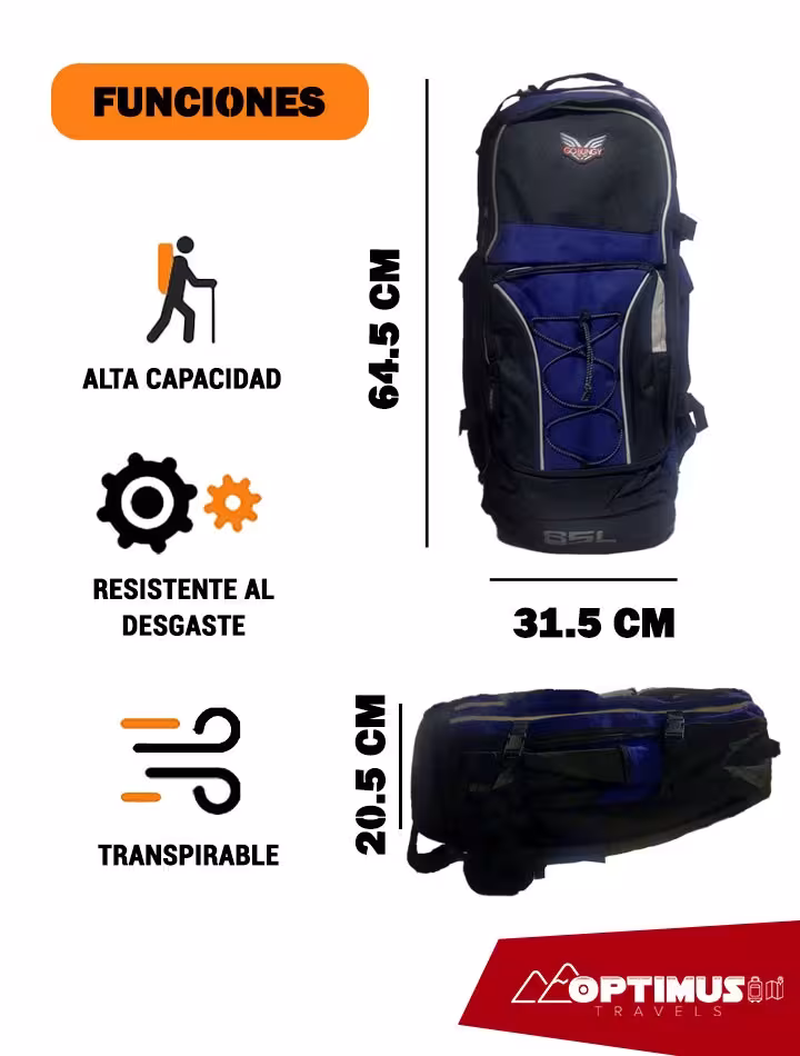 Maleta mochila morral unisex OPTIMUS Travels para camping viajes de senderismo y turismo de 65L