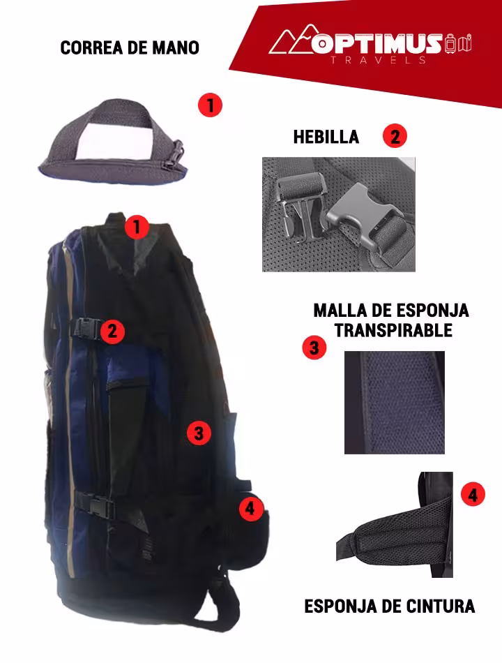 Maleta mochila morral unisex OPTIMUS Travels para camping viajes de senderismo y turismo de 65L