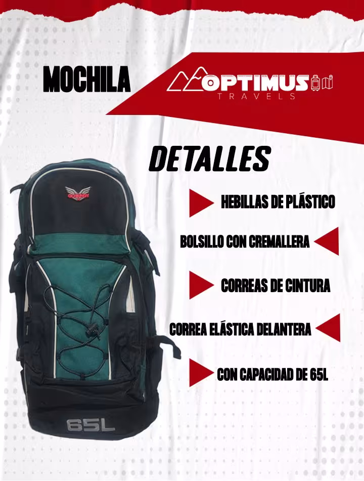 Maleta mochila morral unisex OPTIMUS Travels para camping viajes de senderismo y turismo de 65L
