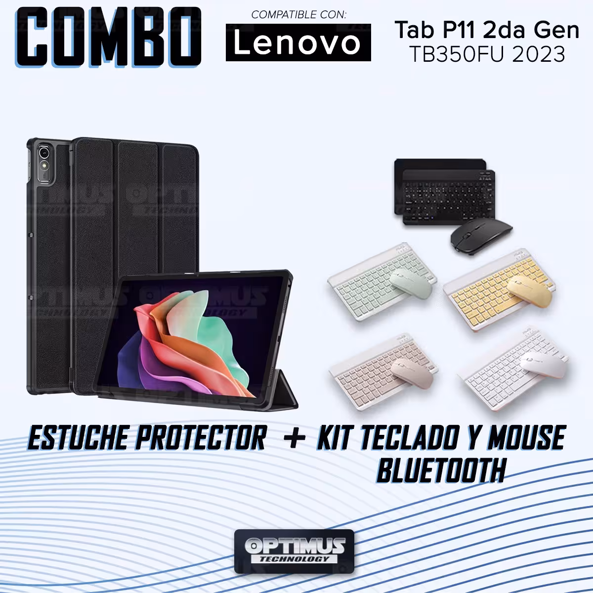Kit Case Forro Protector + Teclado y Mouse Ratón Bluetooth para Tablet Lenovo Tab P11 2da Generación TB-350FU 11.5 Pulgadas 2023