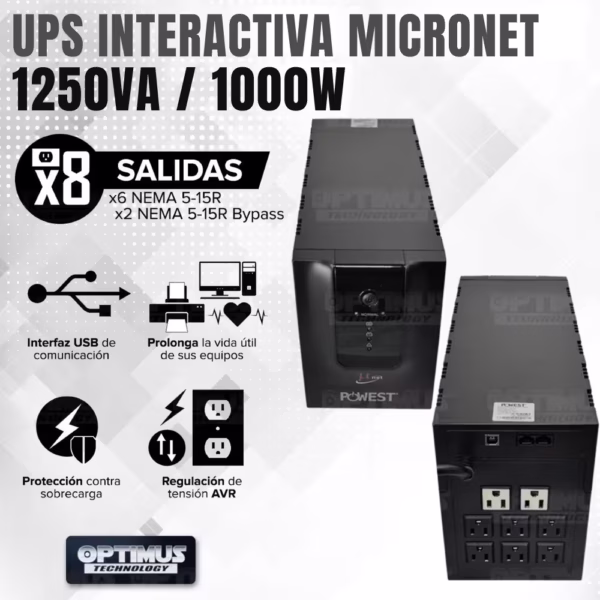 UPS Multitoma Interactiva Powest Micronet 1000VA 8 Salidas regulador de tensión AVR respaldo independiente protección apagones, vista 3
