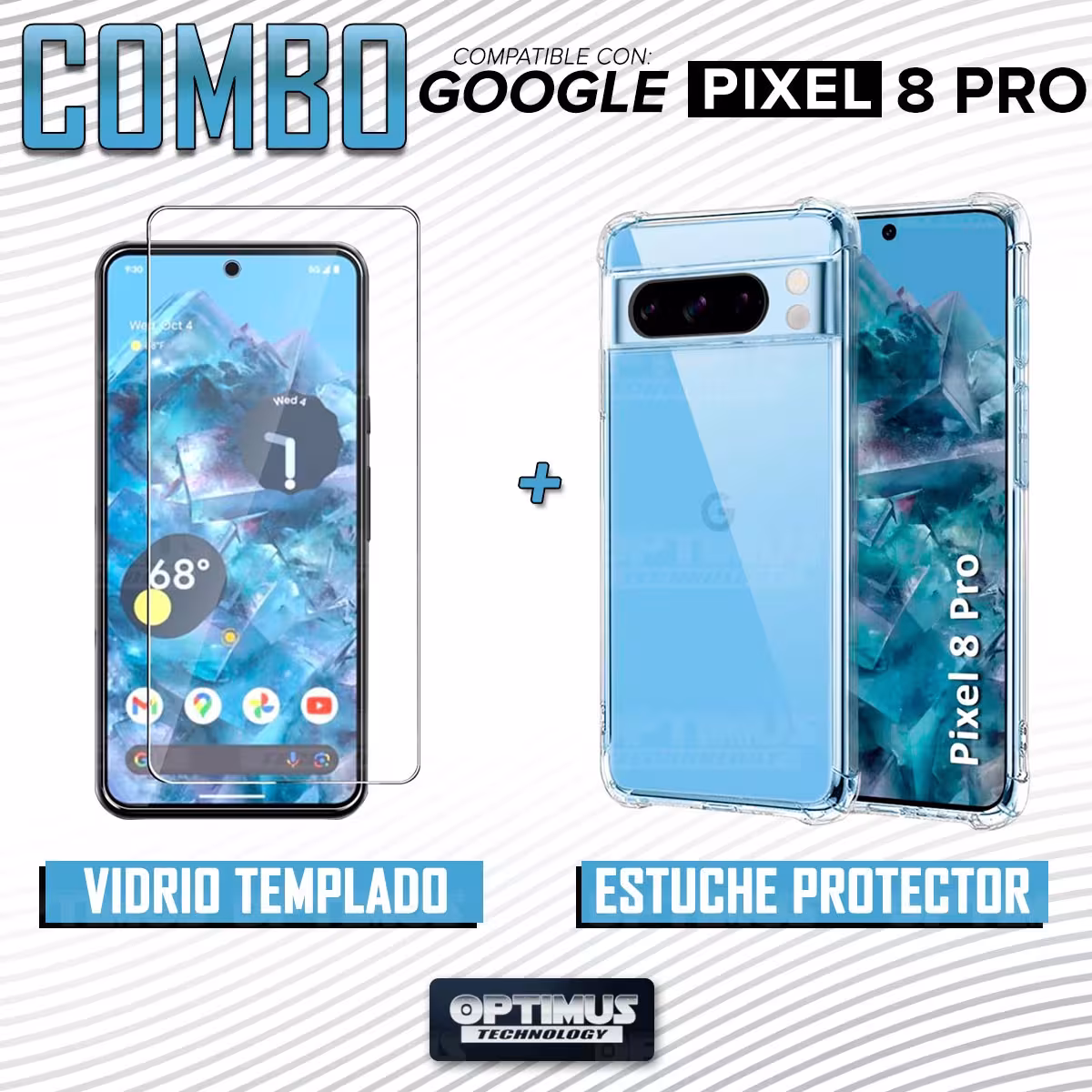 Kit Vidrio templado y Estuche Case Forro Protector Anticaída para celular Google Pixel 8 Pro 5G 2023 6,7 pulgadas
