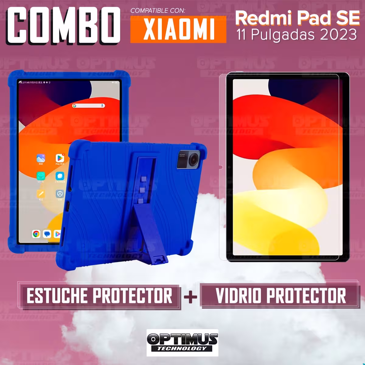 Kit Vidrio templado y Estuche Protector de goma antigolpes con soporte para Tablet Xiaomi Redmi Pad SE 11 Pulgadas 2023 Wifi