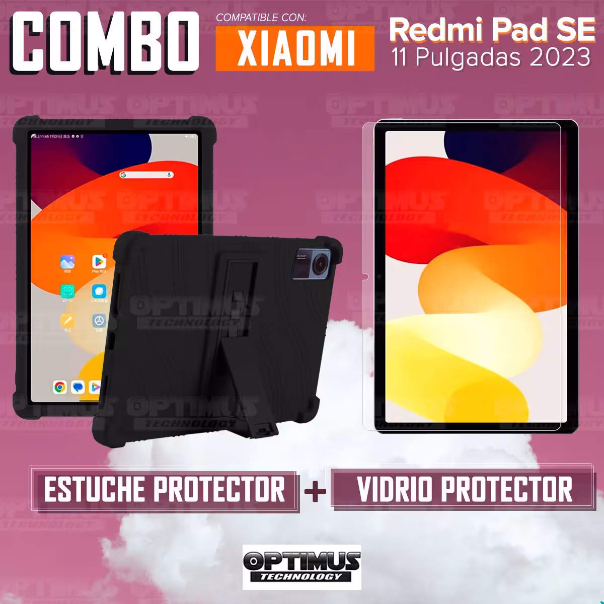 Kit Vidrio templado y Estuche Protector de goma antigolpes con soporte para Tablet Xiaomi Redmi Pad SE 11 Pulgadas 2023 Wifi