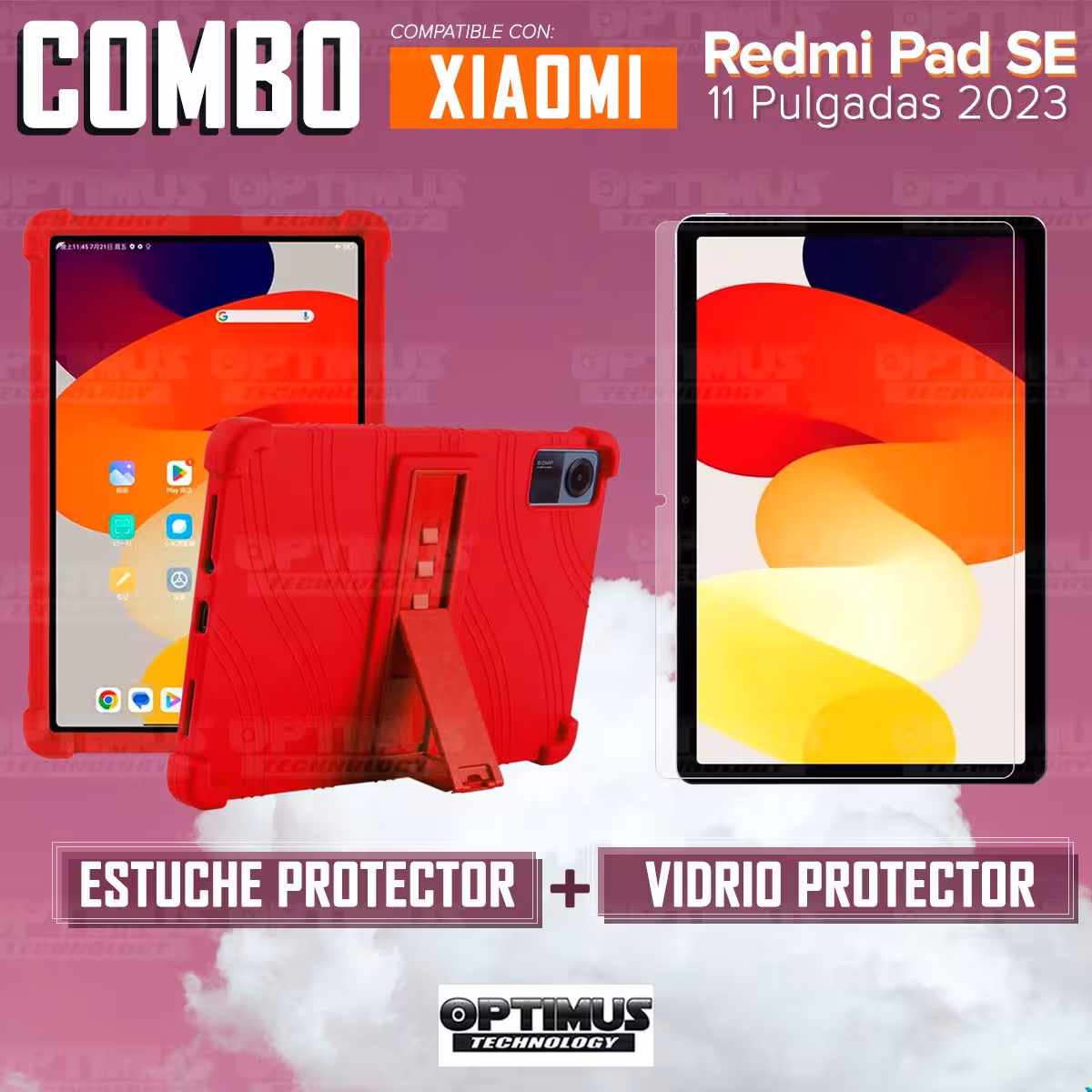 Kit Vidrio templado y Estuche Protector de goma antigolpes con soporte para Tablet Xiaomi Redmi Pad SE 11 Pulgadas 2023 Wifi