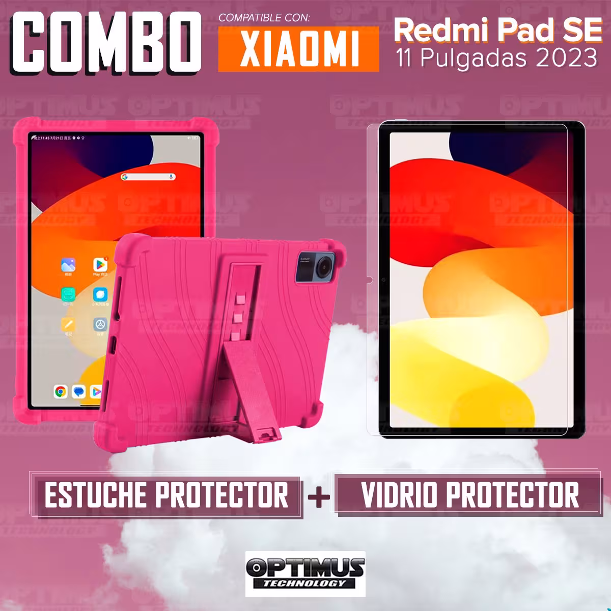 Kit Vidrio templado y Estuche Protector de goma antigolpes con soporte para Tablet Xiaomi Redmi Pad SE 11 Pulgadas 2023 Wifi
