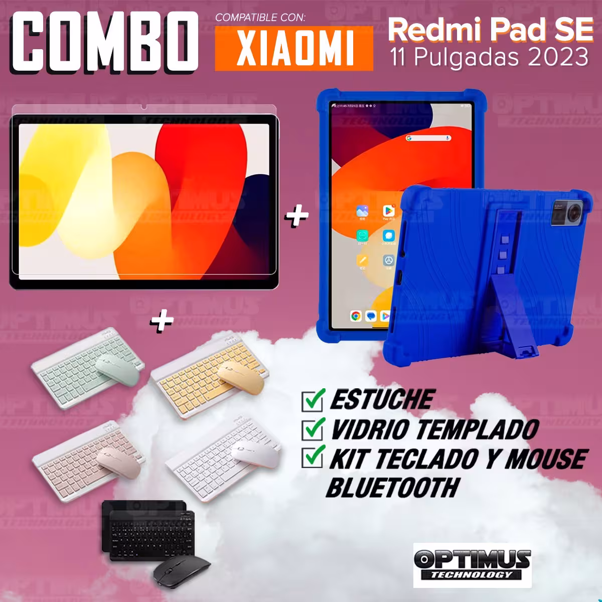 Kit Vidrio templado + Estuche Protector Goma + Teclado Bluetooth Tablet Xiaomi Redmi Pad SE 11 Pulgadas 2023 Wifi
