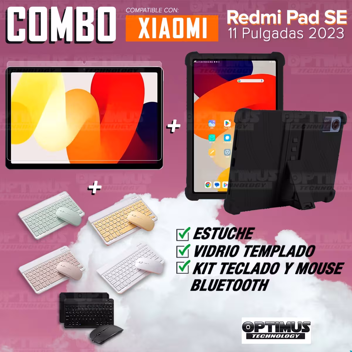 Kit Vidrio templado + Estuche Protector Goma + Teclado Bluetooth Tablet Xiaomi Redmi Pad SE 11 Pulgadas 2023 Wifi
