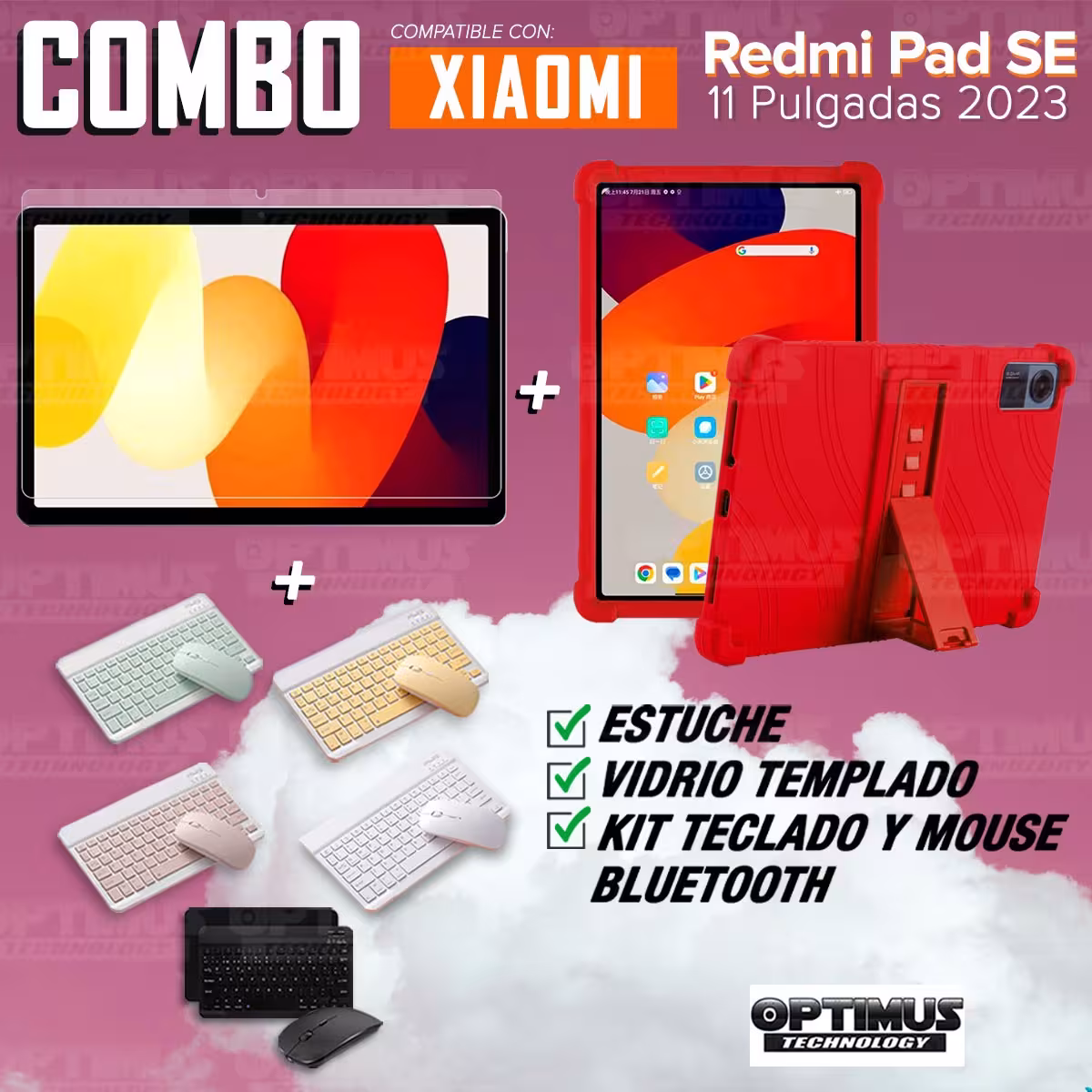 Kit Vidrio templado + Estuche Protector Goma + Teclado Bluetooth Tablet Xiaomi Redmi Pad SE 11 Pulgadas 2023 Wifi
