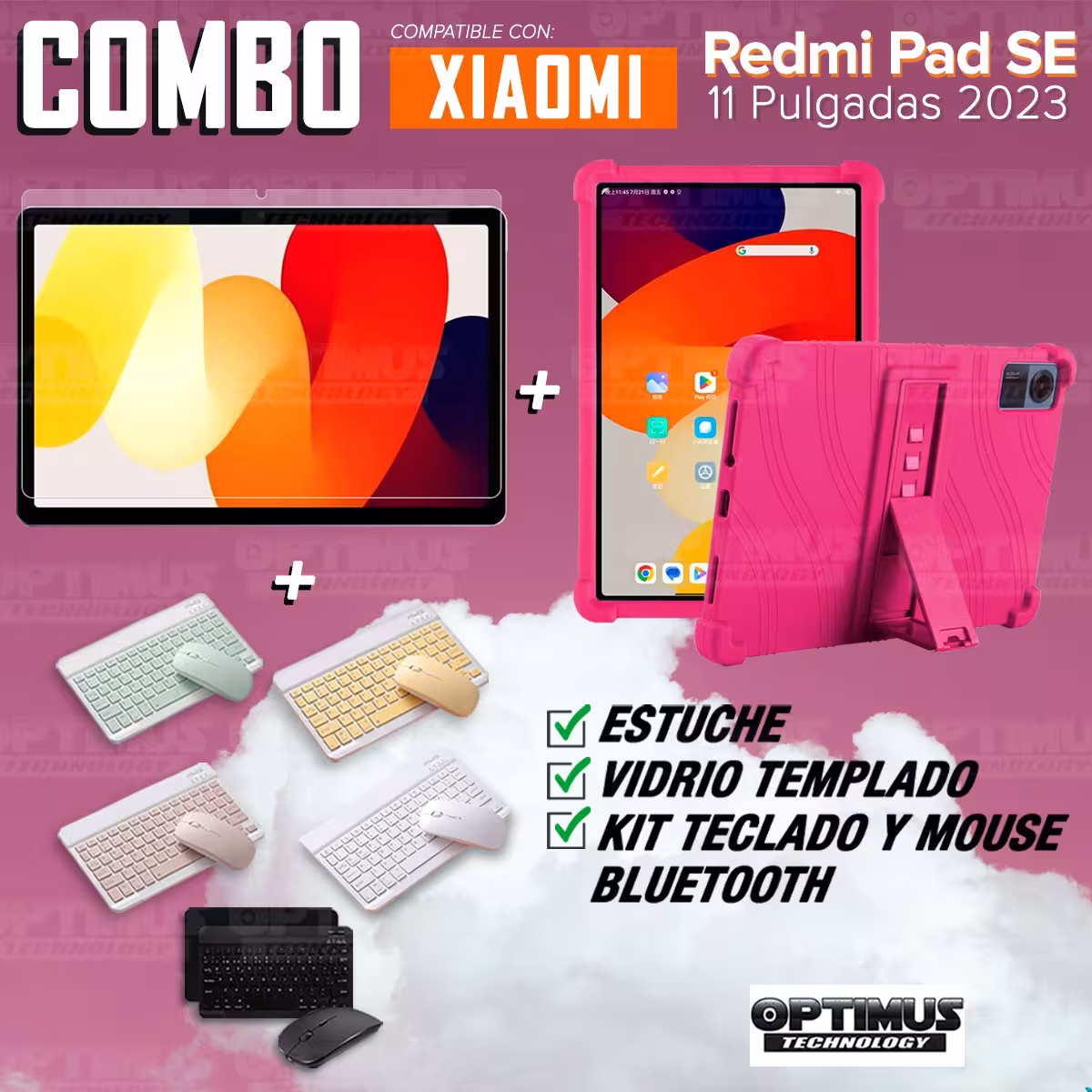 Kit Vidrio templado + Estuche Protector Goma + Teclado Bluetooth Tablet Xiaomi Redmi Pad SE 11 Pulgadas 2023 Wifi