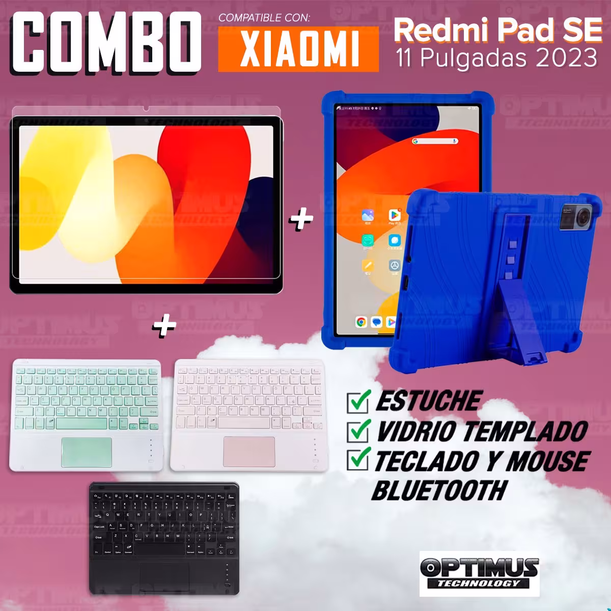 Kit Vidrio templado + Estuche Protector + Teclado Touchpad Bluetooth Tablet Xiaomi Redmi Pad SE 11 Pulgadas 2023 Wifi