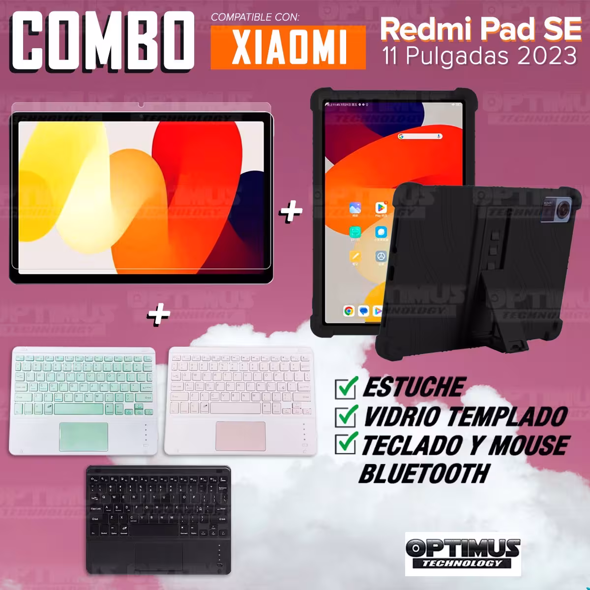 Kit Vidrio templado + Estuche Protector + Teclado Touchpad Bluetooth Tablet Xiaomi Redmi Pad SE 11 Pulgadas 2023 Wifi
