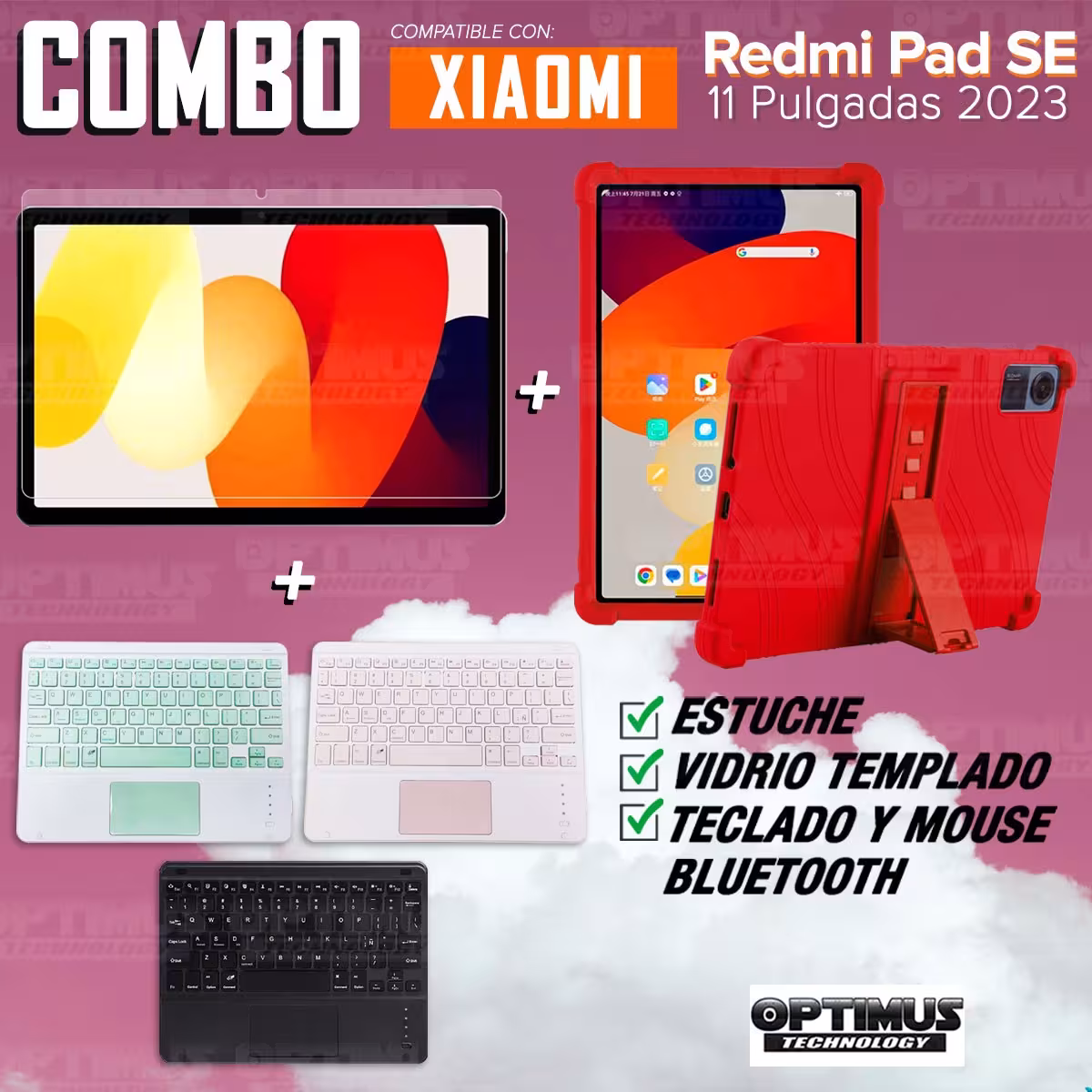 Kit Vidrio templado + Estuche Protector + Teclado Touchpad Bluetooth Tablet Xiaomi Redmi Pad SE 11 Pulgadas 2023 Wifi
