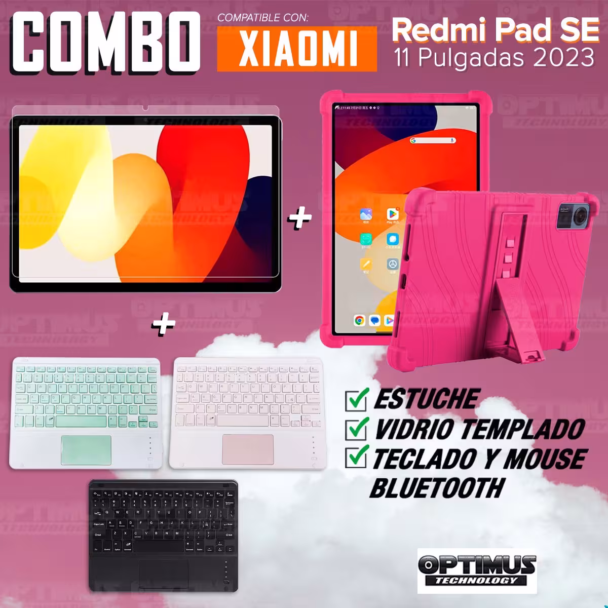 Kit Vidrio templado + Estuche Protector + Teclado Touchpad Bluetooth Tablet Xiaomi Redmi Pad SE 11 Pulgadas 2023 Wifi