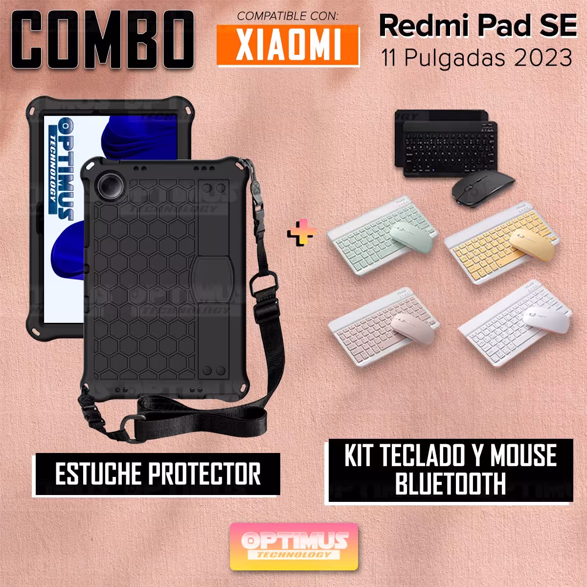 Kit Case Forro Protector con correa + Teclado y Mouse Bluetooth para Tablet Xiaomi Redmi Pad SE 11 Pulgadas 2023 Wifi