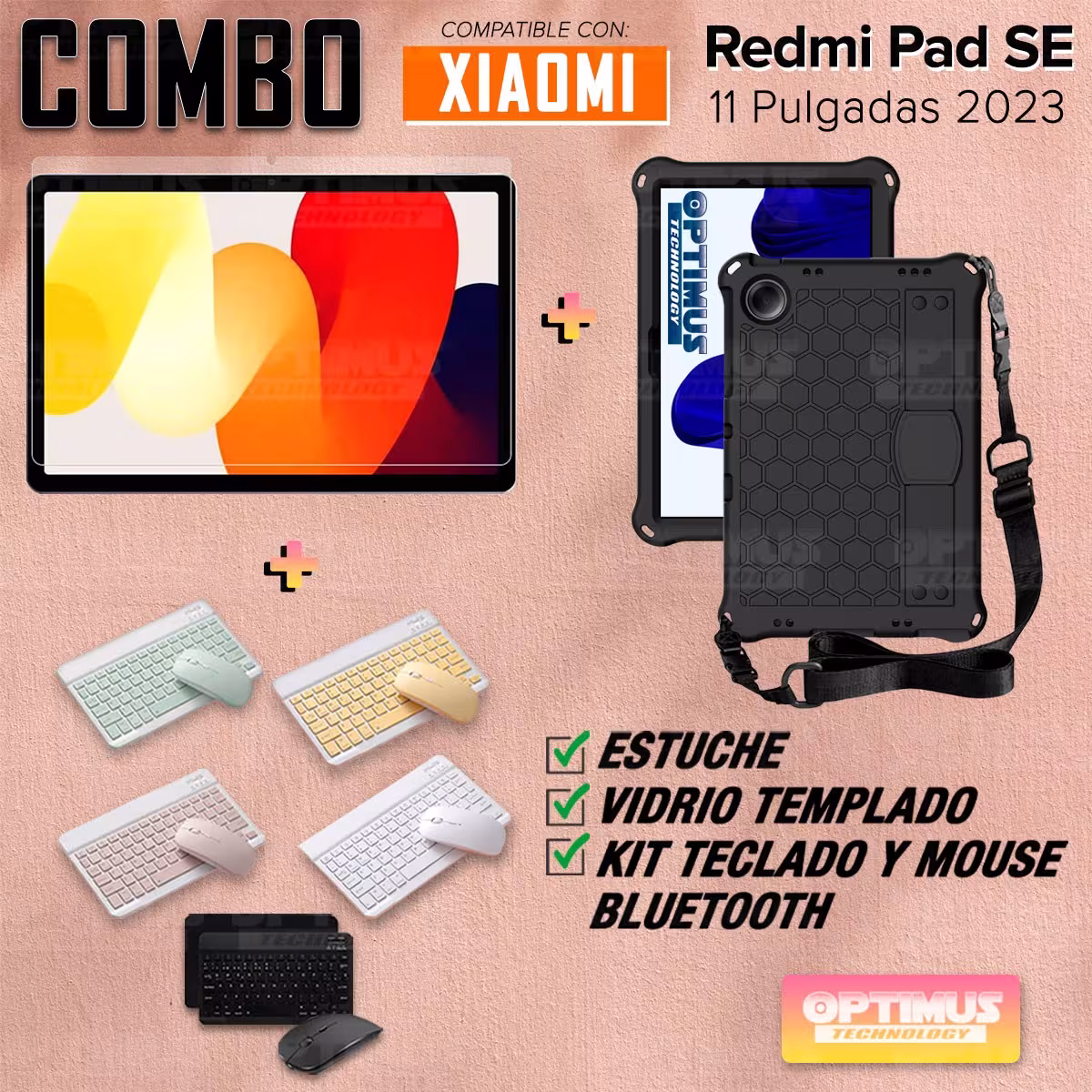 Kit Vidrio templado + Case Protector con correa + Teclado y Mouse Bluetooth Tablet Xiaomi Redmi Pad SE 11 Pulgadas 2023 Wifi