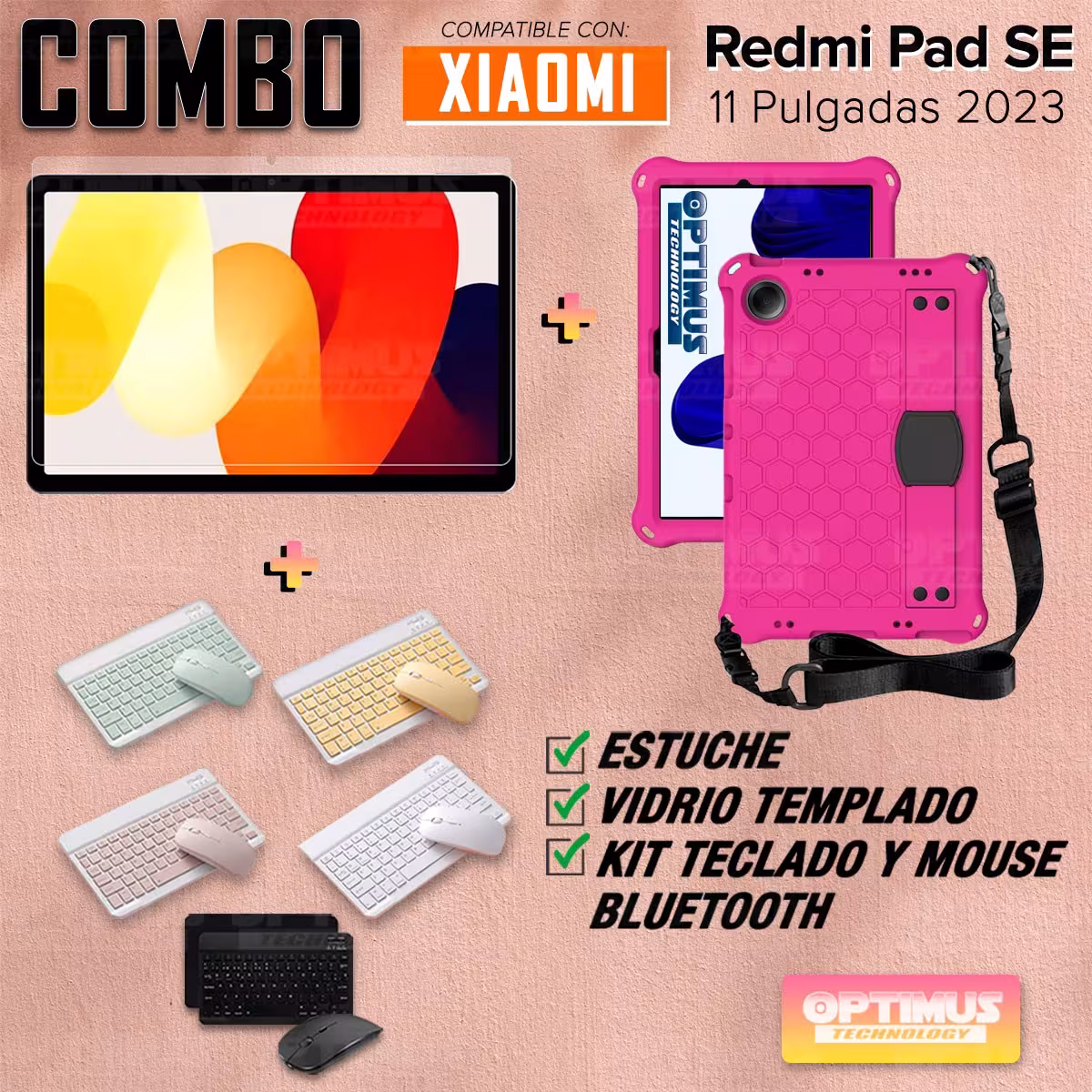Kit Vidrio templado + Case Protector con correa + Teclado y Mouse Bluetooth Tablet Xiaomi Redmi Pad SE 11 Pulgadas 2023 Wifi