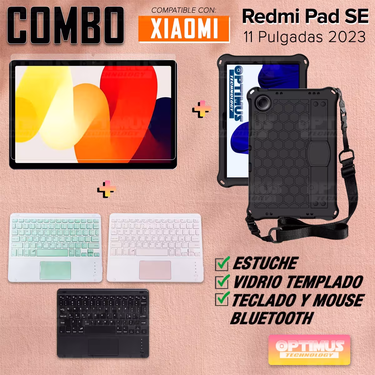 Kit Vidrio templado + Case Protector con correa + Teclado Touchpad Bluetooth Tablet Xiaomi Redmi Pad SE 11 Pulgadas 2023 Wifi