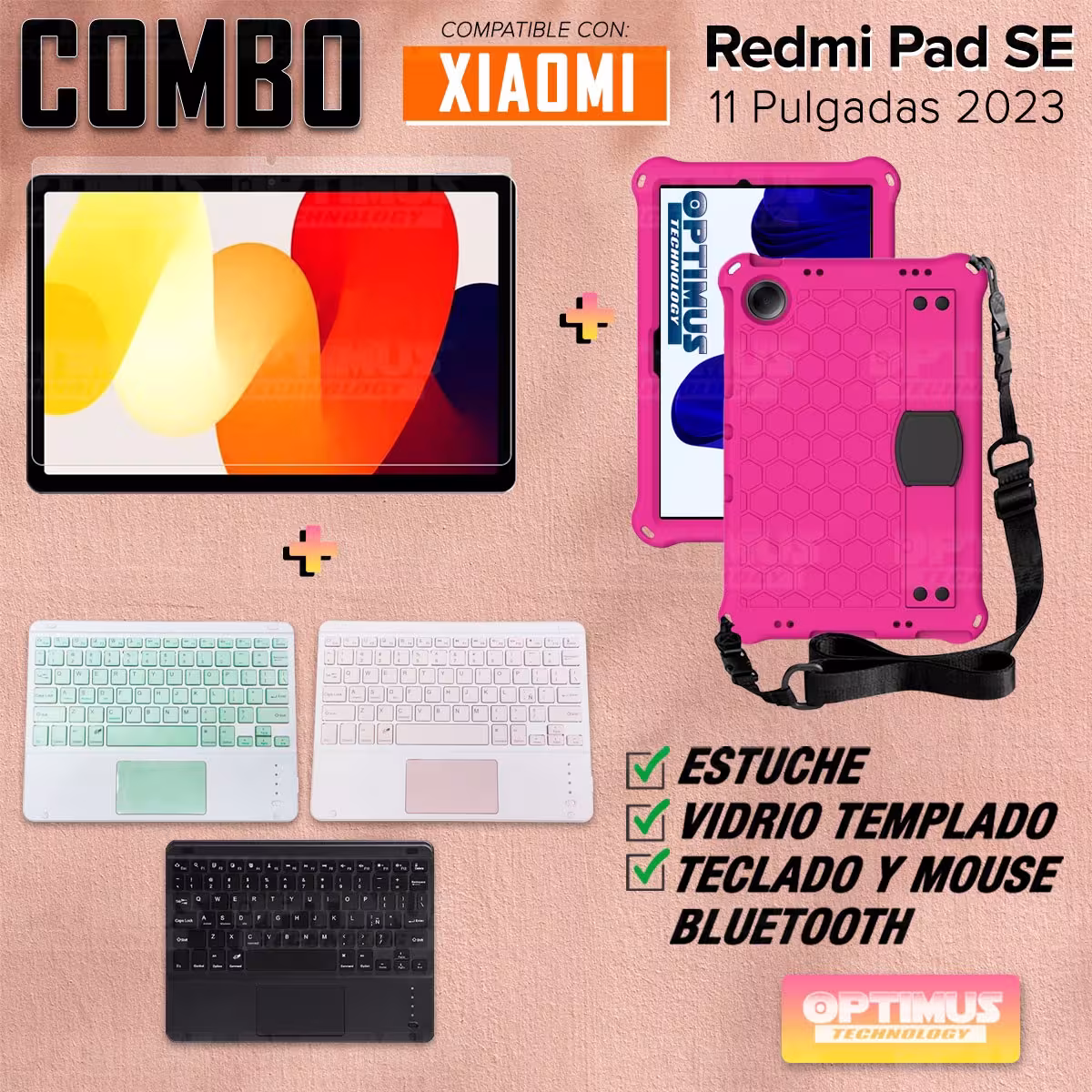 Kit Vidrio templado + Case Protector con correa + Teclado Touchpad Bluetooth Tablet Xiaomi Redmi Pad SE 11 Pulgadas 2023 Wifi