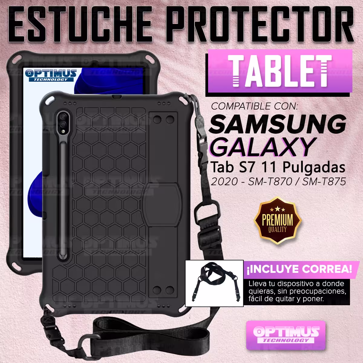 Estuche Protector con Correa Tablet Samsung Galaxy Tab S7 11 Pulgadas Wifi 2020 SM-T870 / SM-X875 Anti golpes con soporte
